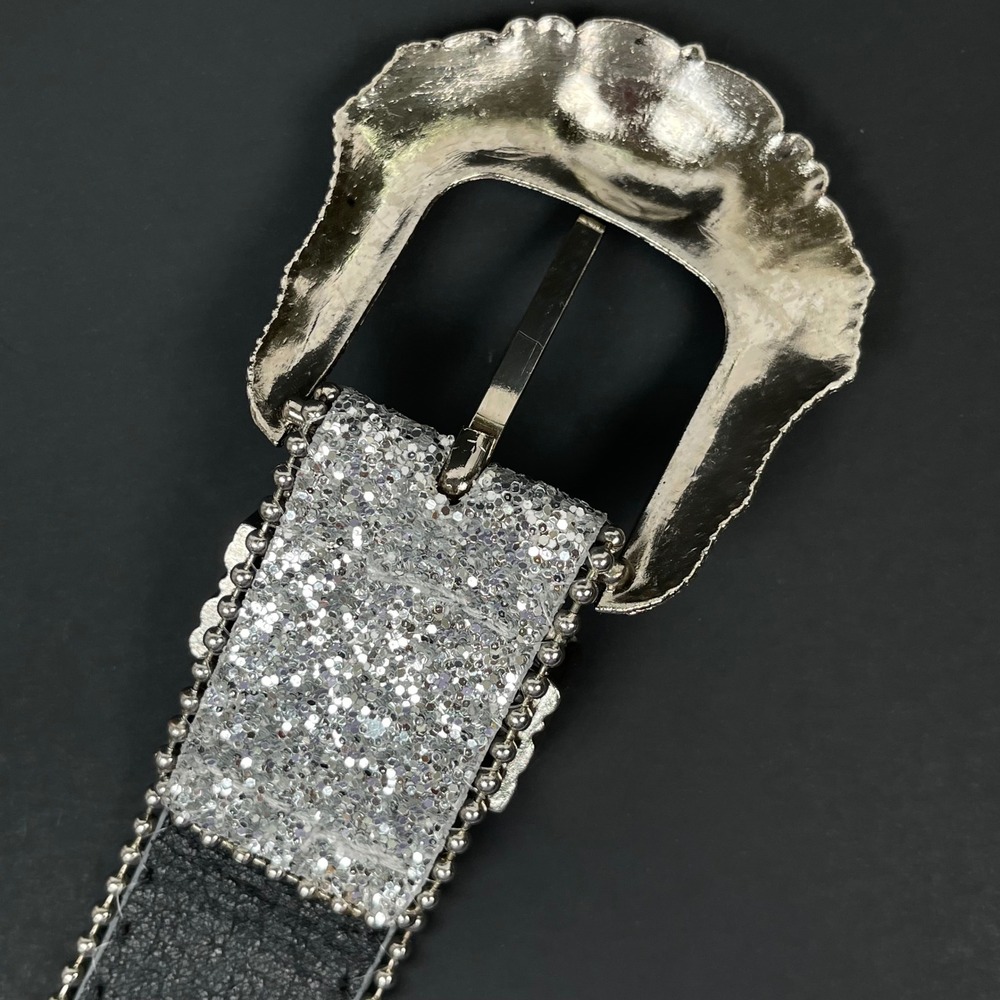 Vintage Rhinestone Western Belt Womens 30/32 Silver Studded Floral Buckle Rodeo - Picture 6 of 10